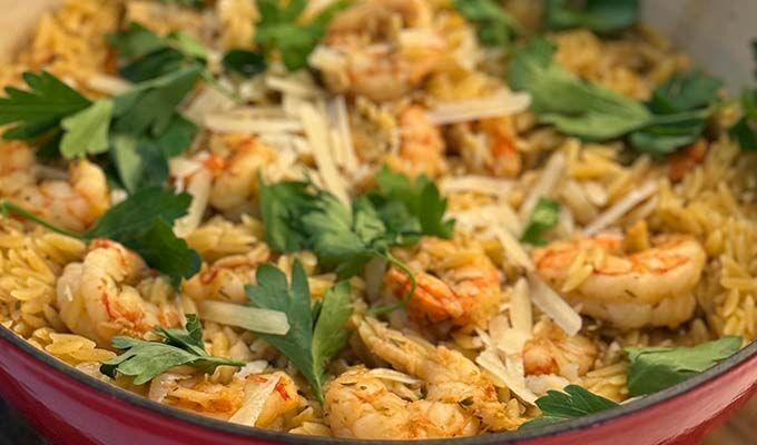 One Pot Lemon Garlic Shrimp + Orzo 